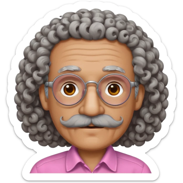 old guy with very curly hair and brown shades and big  pink mustache sticker
