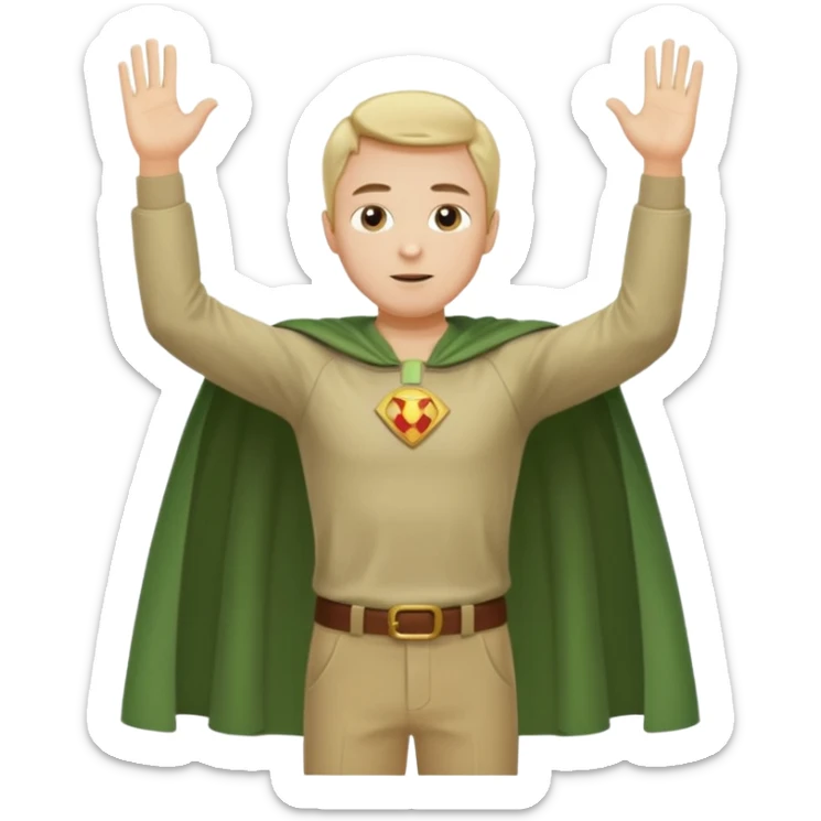 standing up healthy perfect man in simple greenish shirt cape and pants hands raised sticker