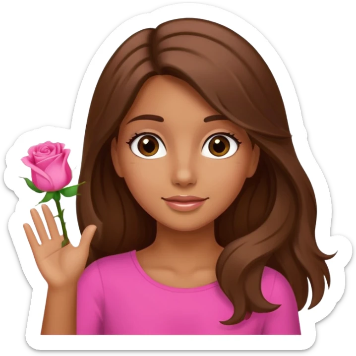 A tanned girl's face waved long brown hair with pink rose sticker