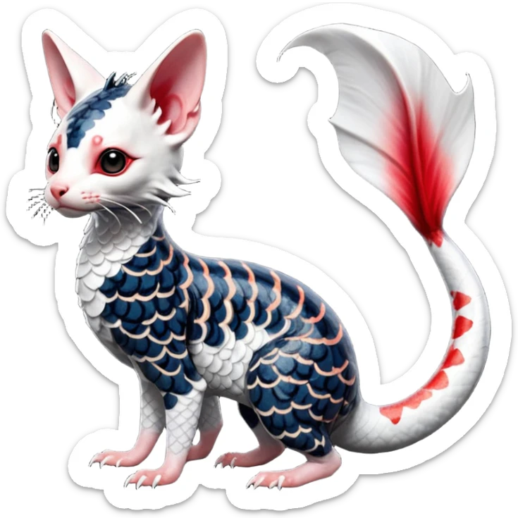 Hyper-realistic cute Japanese oriental Asian Edgy badass swimmy wet painted intricate ornate Japanese Asian koi-Minccino-Lykoi-Emolga-Sphynx-Linoone-Zangoose-fusion-hybrid-animal-Fakémon-creature, full body, thin long sleek scaly tail, intricate markings sticker