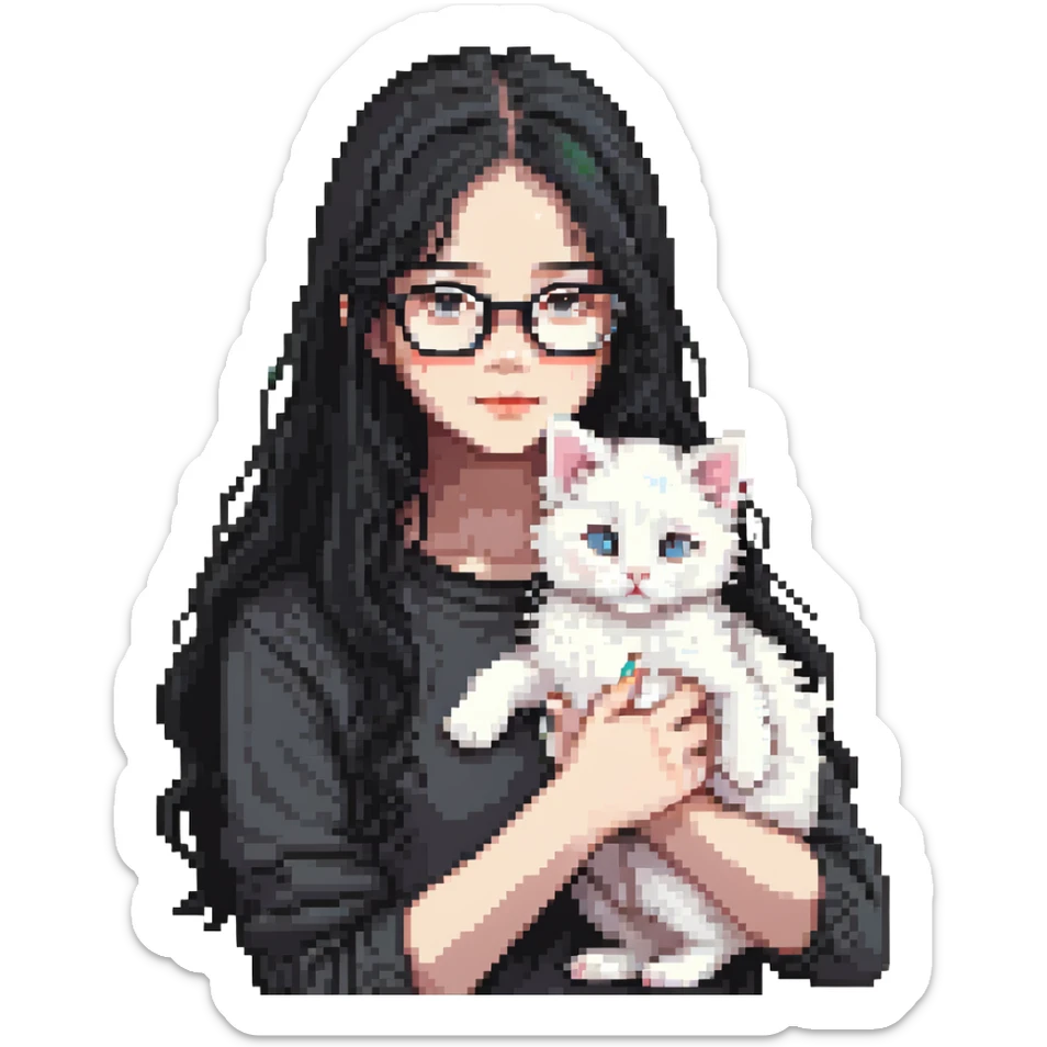 Beautiful girl with long black hair and glasses holding a white kitten sticker