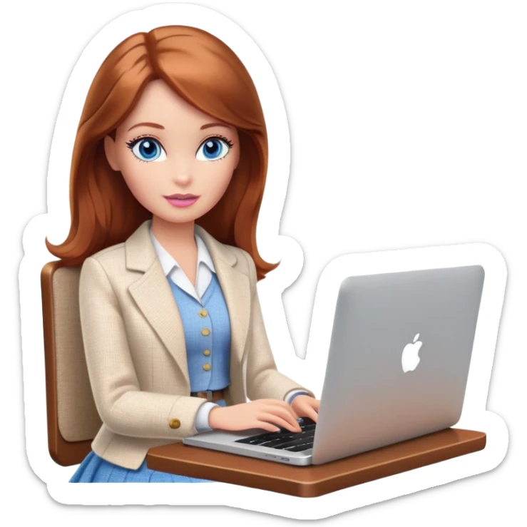 A Barbie girl with blue eyes, shoulder-length reddish-brown hair, made-up, wearing a white tweed jacket and beige skirt, is sitting a with a MacBook sticker