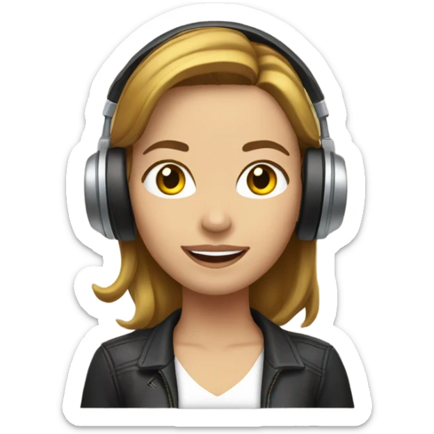 a female radio host with headphones speaking into a microphone. light brown hair with yellow sticker
