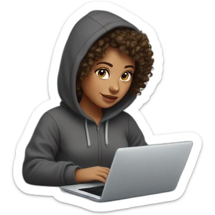 a west eastern tenage curly girl wearing a hoodie working on a laptop sticker