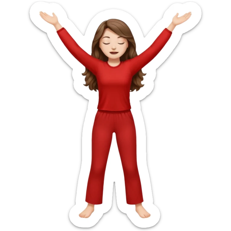 crie uma menina branca com cabelos castanhos longos ondulados, uma roupa de calça e blusa de manga curta na cor vermelho, com braços juntos para cima, olhos fechados e perna levantada sticker