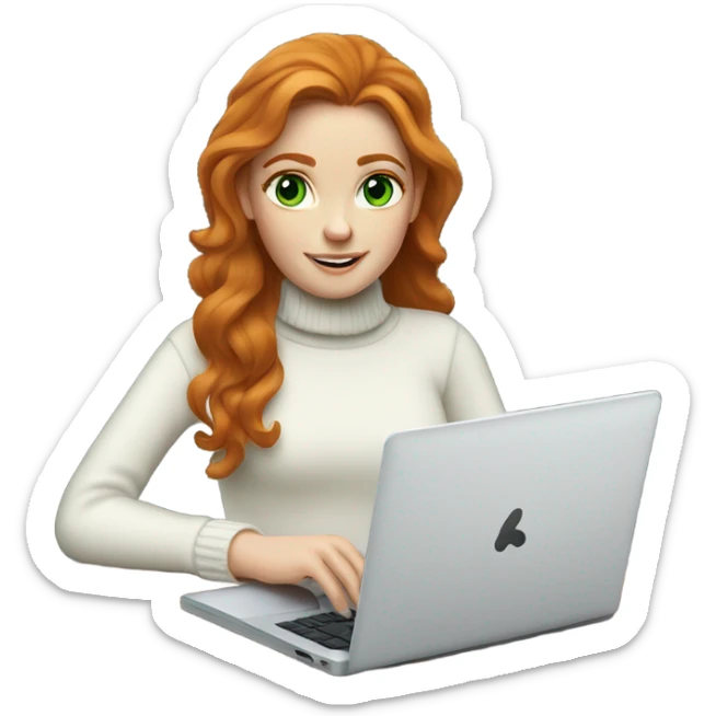 ginger girl with wavy long hair and green eyes in turtle neck white sweater working on a laptop sticker