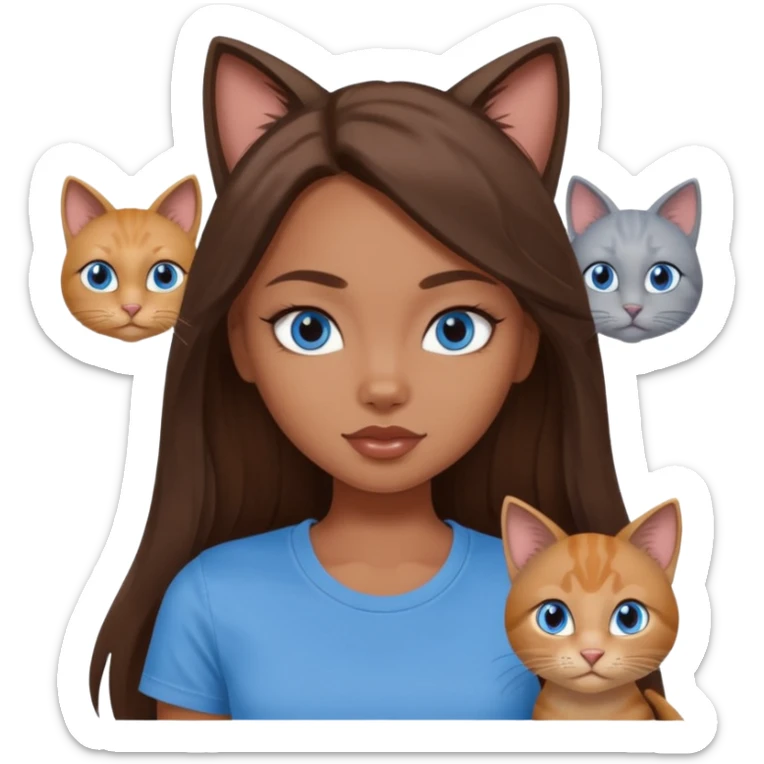 a pretty bratz dusky girl with long brown hair, blue eyes with six cats nd wearing a grey tshirt sticker