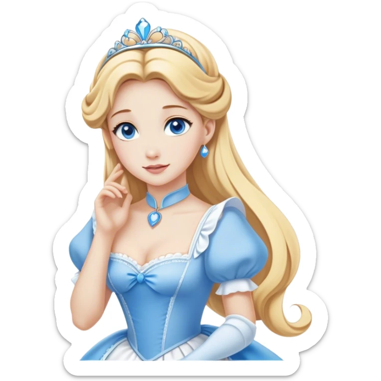 Cinematic Elegant Cinderella Portrait Emoji, Graceful and poised in her classic maid attire, golden locks cascading softly, bright blue eyes full of hope, a gentle glow of kindness and determination, delicate and humble yet undeniably beautiful, evoking the moment before her magical transformation, pure enchantment in her gaze! sticker
