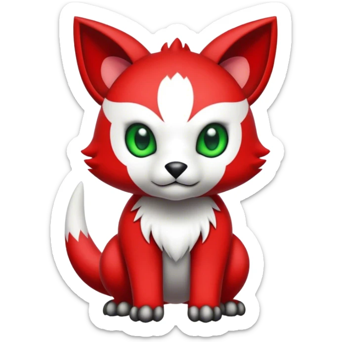 Cute cool black red animal hybrid Fakemon full body, green eyes, white belly, white muzzle sticker