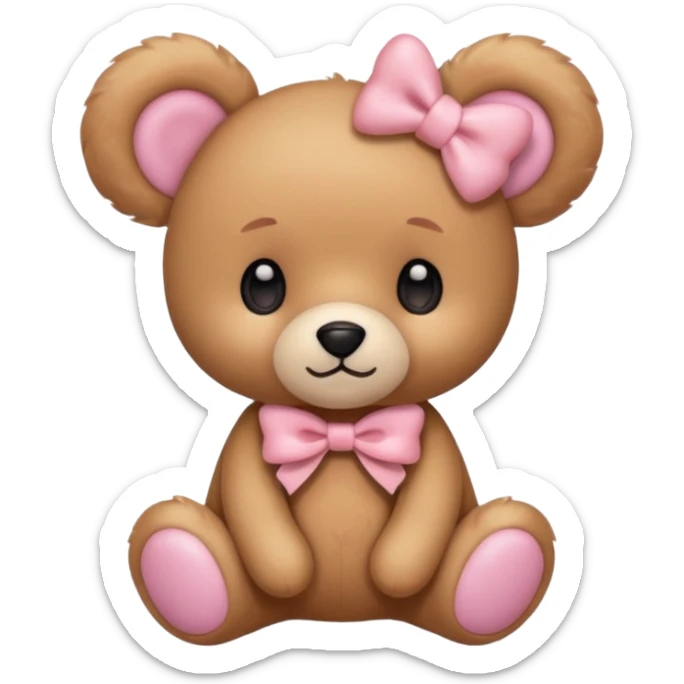 The og emoji teddy bear eith some pink blush and a cute pink coquette bow in the ear sticker