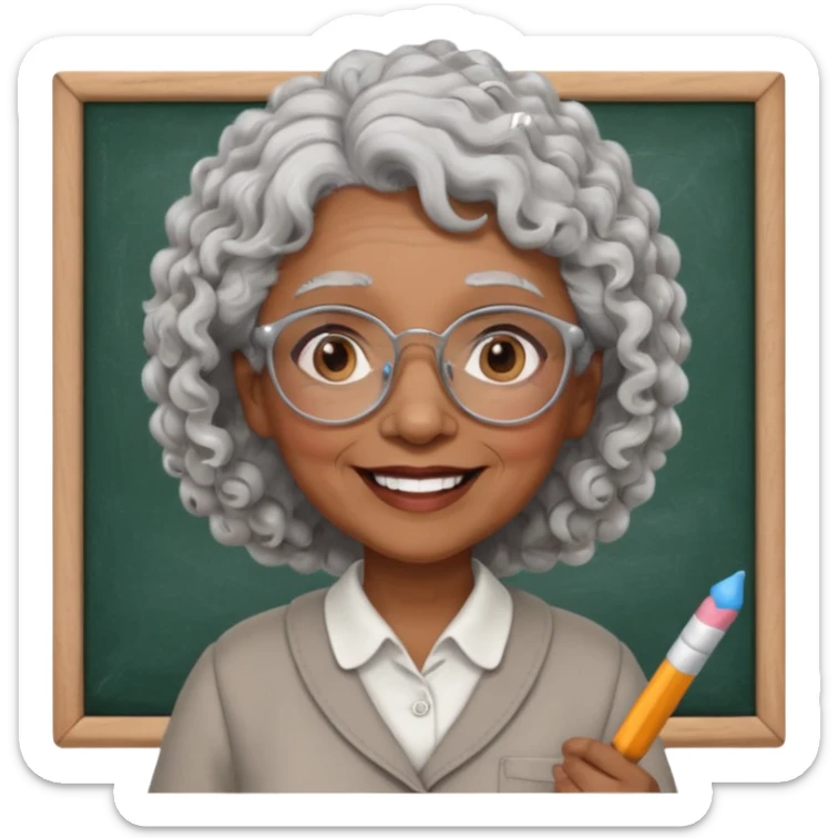 old woman teacher, brown skin, curly grey white hai, wearing glasses, hold chalk on hand sticker