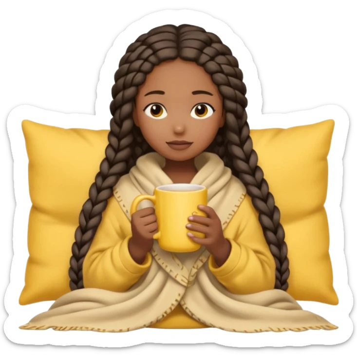 black girl with long braids, eyes closed, holding a yellow mug, wrapped in a light beige blanket, light bow in hair, soft cozy cute emoji style sticker