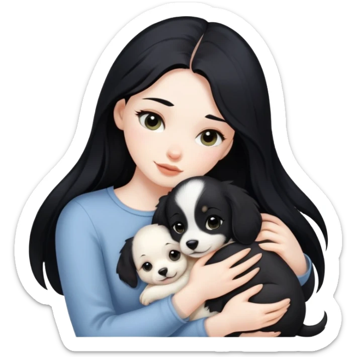 A woman with long black hair hugs a puppy tightly sticker