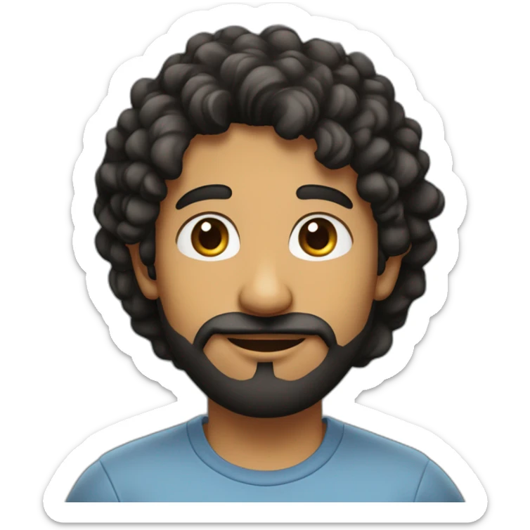 Modern Indian man with curly black hair, modern haircut, wearing t-shirt and jeans, black short beard, almond-shaped eyes sticker