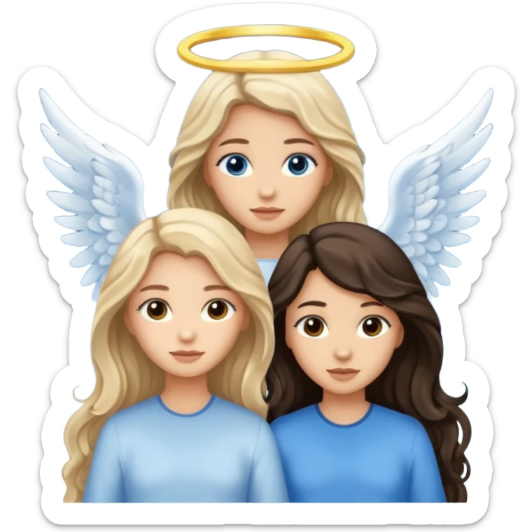 Three women as pretty angels with wings, brown eyed light skin with dark blonde long hair and Brown eyed light skin black long wavy hair and blue eyed light skin long blonde hair sticker