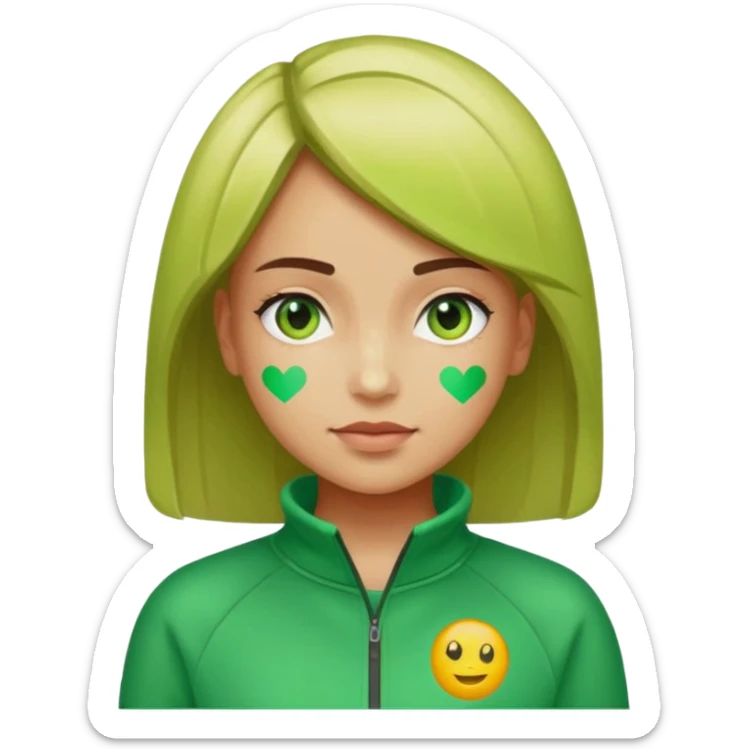 ​"A mosaic portrait of a girl in a green tracksuit, made of tiny emojis, digital art style, pixelated emoji textures, vibrant colors, creative composition." sticker