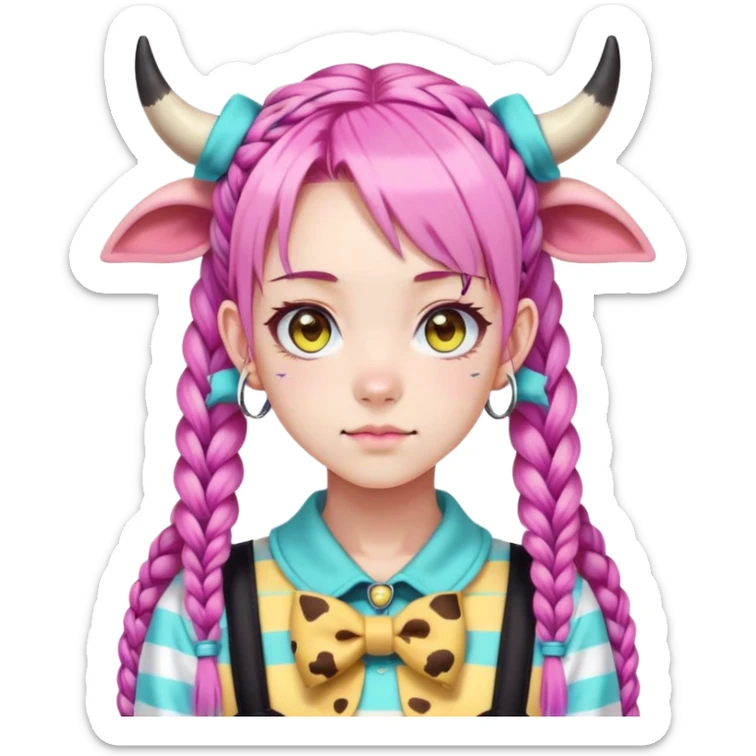 En anime-ku-jente med to rosa lange tykke fletter og cyan striper i håret, ku-horn og ku-ører, sort BH-topp over en gul cropped-fleece-blouse, lilla øyne, søt sløyfe på halsen  sticker