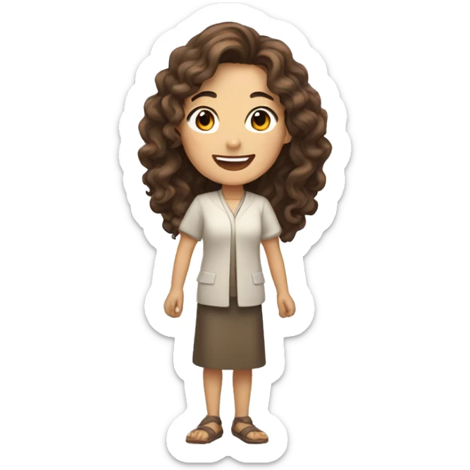 A smiling Asian woman with brown long curly hair and white skin raising one hand.  sticker