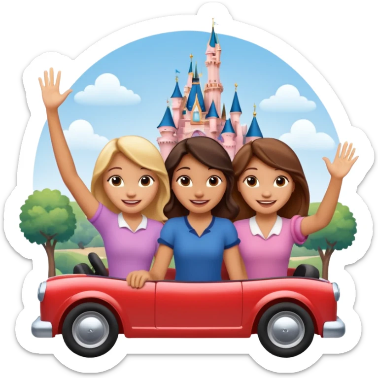 quatro chicas montadas en una atraccion de Disney paris levantando la mano sin el castillo detras sticker
