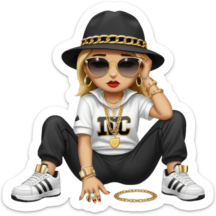 female cat wearing Run DMC hip-hop outfit with tracksuit, fedora, Adidas sneakers, dark sunglasses, many gold chains, rings, bracelets, flashy earrings, lying on the ground in distress, crying sticker