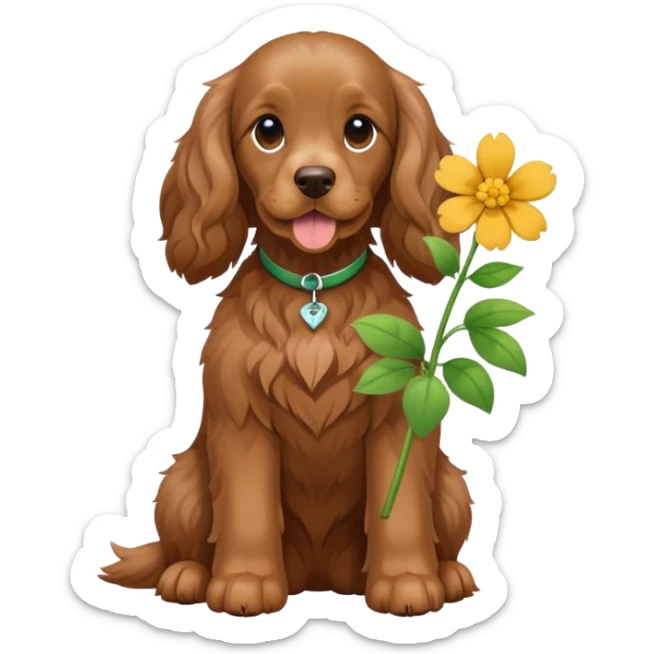 Full body shot of a brown cocker spaniel sitting happily with a flower sticker