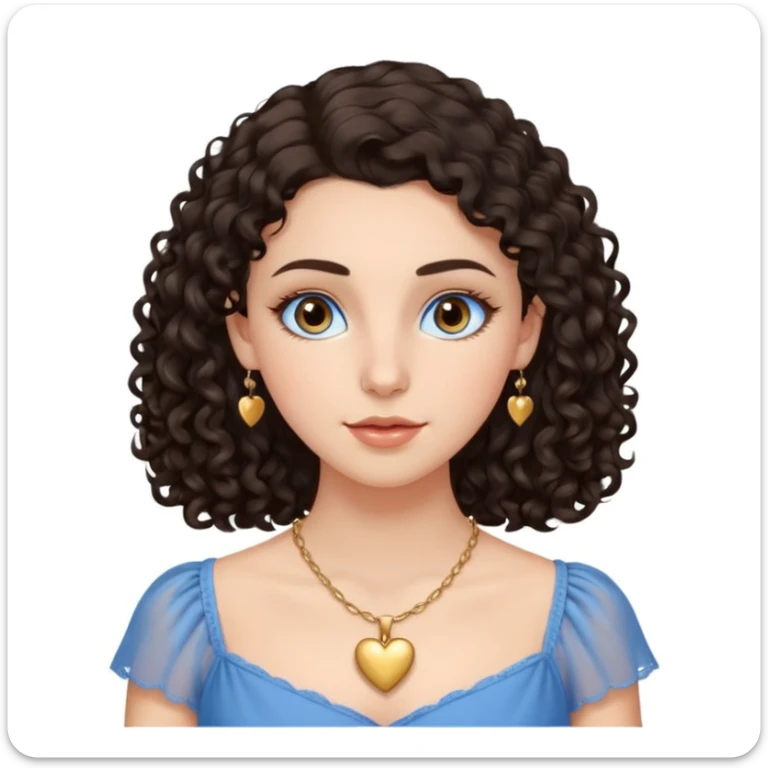 white girl, dark curly hair, big brown eyes, oval face, straight nose, full lips, soft eyebrows, wearing a delicate blue dress, a golden heart necklace, long eyelashes  sticker