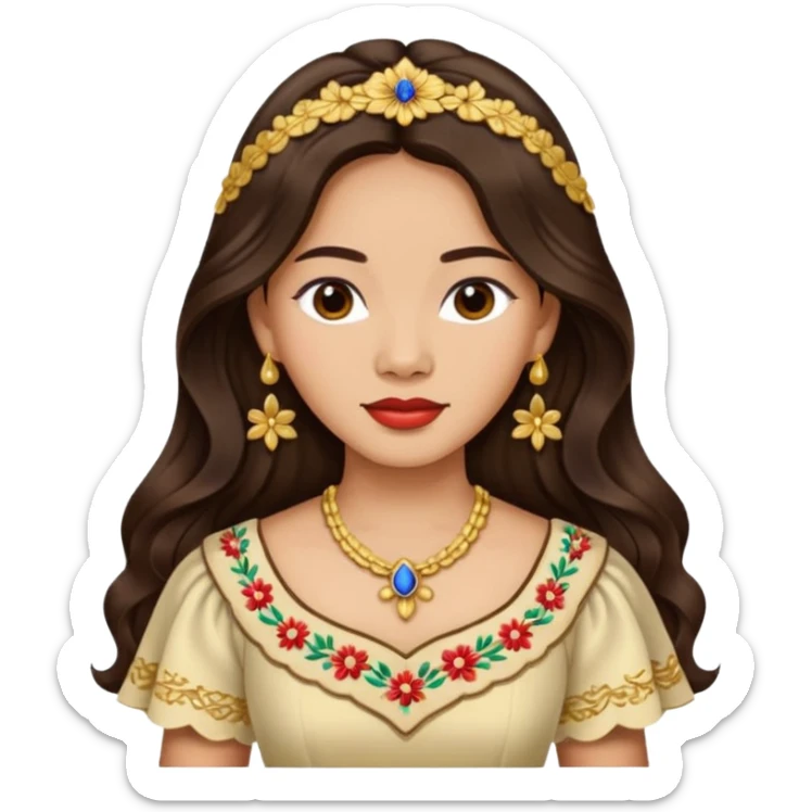 Filipino woman with long dark wavy hair parted in the middle wearing a traditional filipiniana sticker