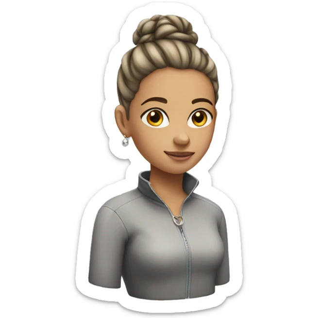 Girl with a grey half zip, a hair bun and jewelry in det ear sticker