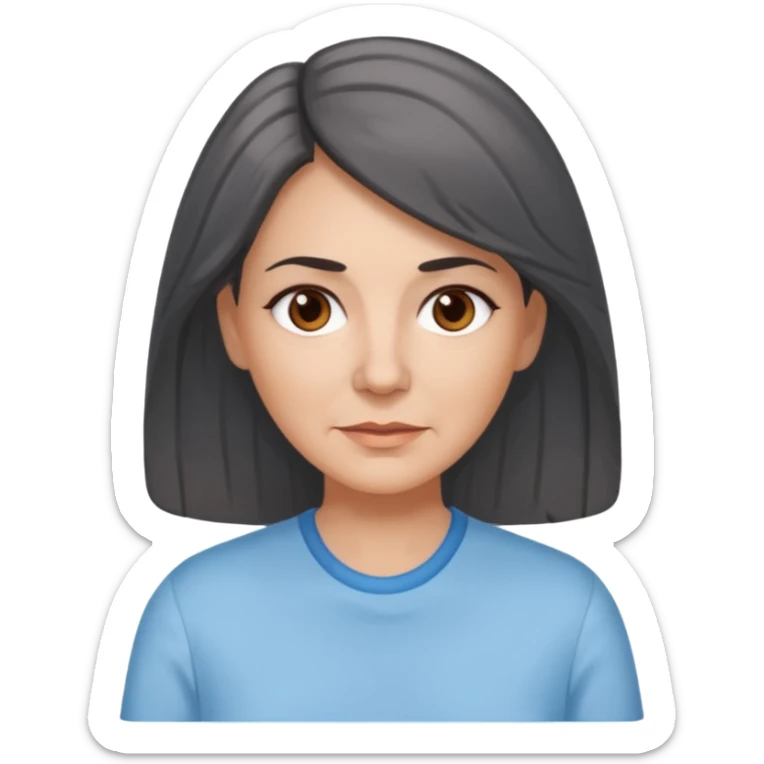 vit medelålders kvinna med grå slingor i långt mörkbrunt hår bruna ögon ljusblå skjorta  sticker