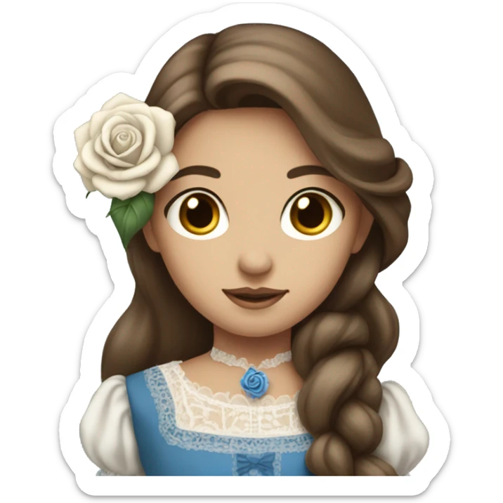 girl with long brown hair and blue Victorian dress holding a whit rose sticker
