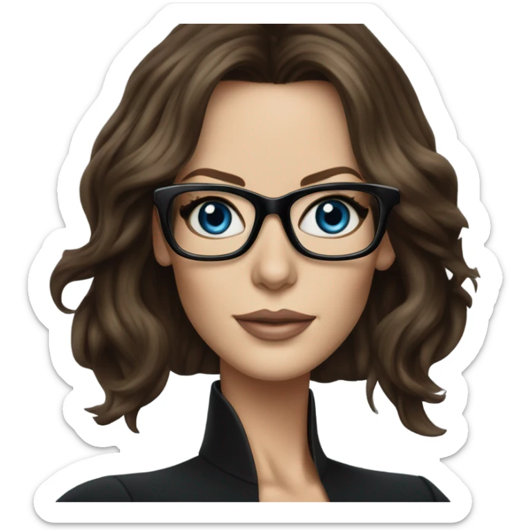 Hyper Realistic photo Kate Beckinsale blue eyes wearing glasses in a business meeting black dress sticker