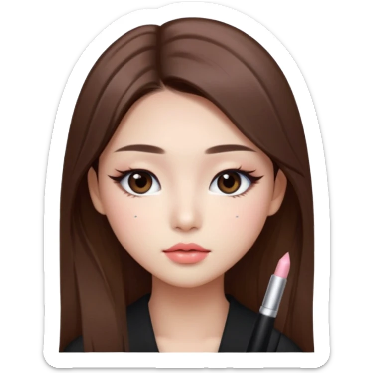 “korean straight long brown hair Emoji girl, soft eyeliner and blush, gradient lips, light brown shimmer eyeshadow sticker
