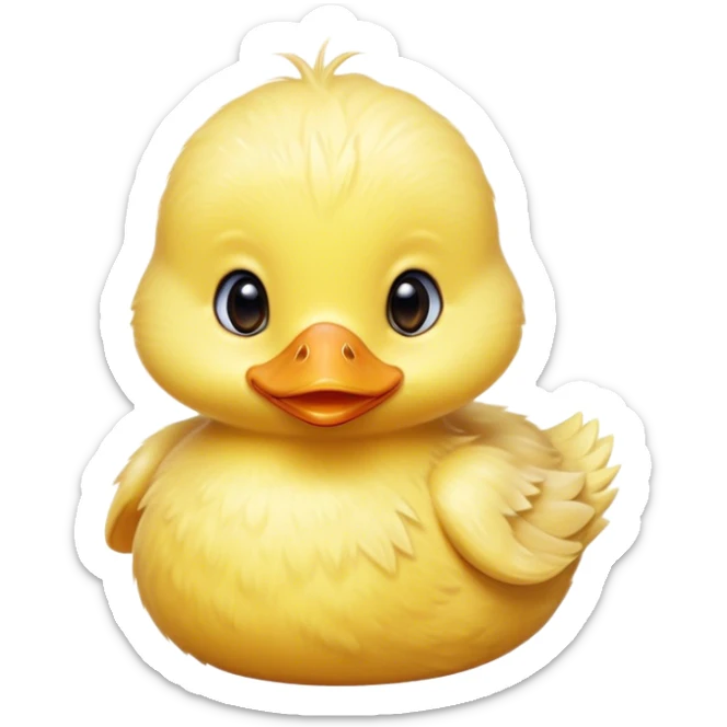 Cinematic Cute Yellow Baby Duck Portrait Emoji, Head tilted playfully and inquisitively, featuring a fluffy, vibrant yellow downy coat with a tiny delicate beak, round, sparkling eyes filled with curiosity, Simplified yet irresistibly adorable features, highly detailed, glowing with a warm, friendly glow, high shine, affectionate and spirited, stylized with a touch of playful whimsy, bright and endearing, soft glowing outline, capturing the essence of a mischievous yet loving duckling, so playful it feels like it could peep out of the screen and into your arms! sticker