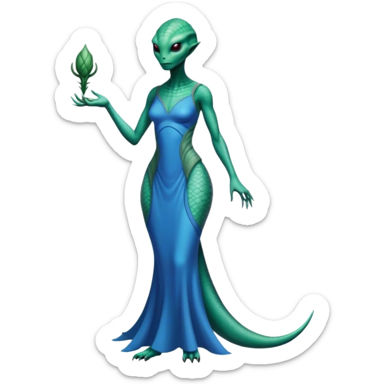 a Reptilian alien woman, full body, in bue dress sticker