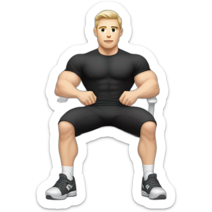Pale skinned Fit Man With the biceps and dark brown hair in black shirt, gray sports shorts and white Sneakers Sitting on a chair sticker