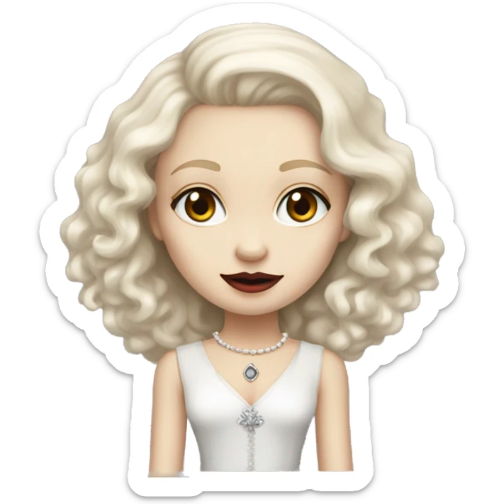 This girl looks like the queen of vampires, she has red eyes, but she is very kind, she has blonde hair, pale skin, big eyes, cheekbones and curly beautiful hair, she likes to dress elegantly, there is a white Chihuahua dog with gray spots sticker