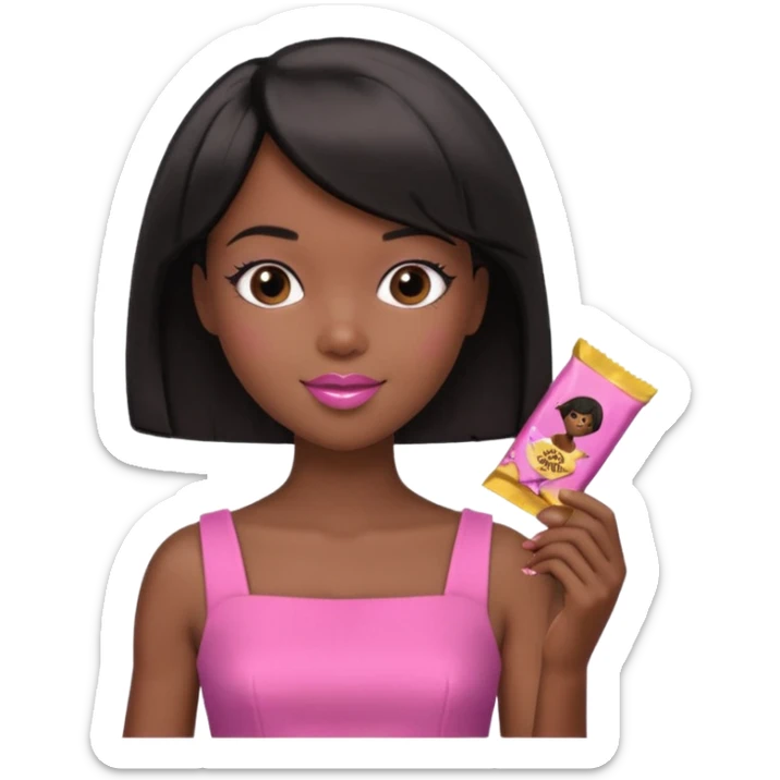 Black barbie, short  black bob  hair, pink dress eating chocalate bar sticker