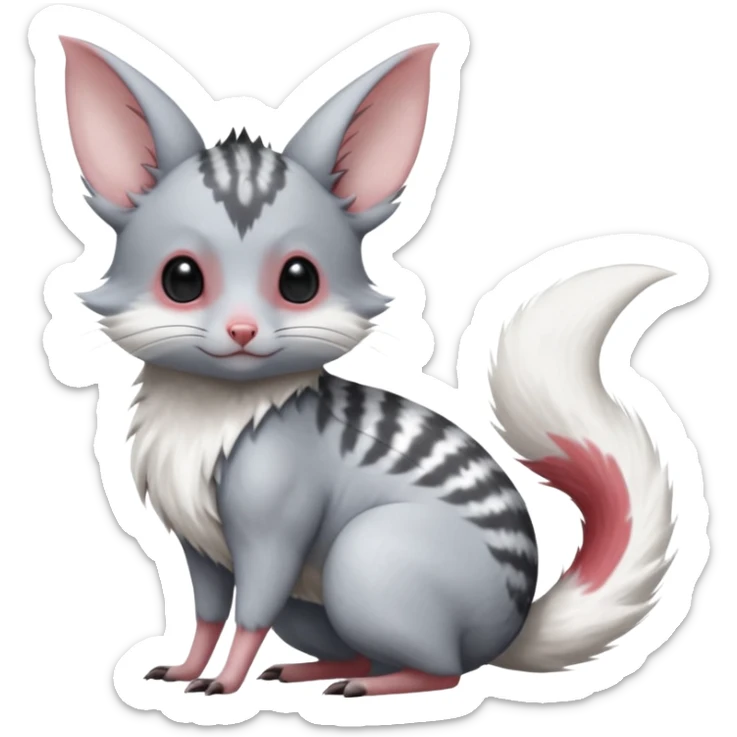 Cute realistic furry flurry Chinchilla-Minccino-Lykoi-Emolga-Pachirisu-Zangoose-fusion-hybrid-animal-Fakémon-creature, full body, thin long sleek scaly tail, intricate markings sticker