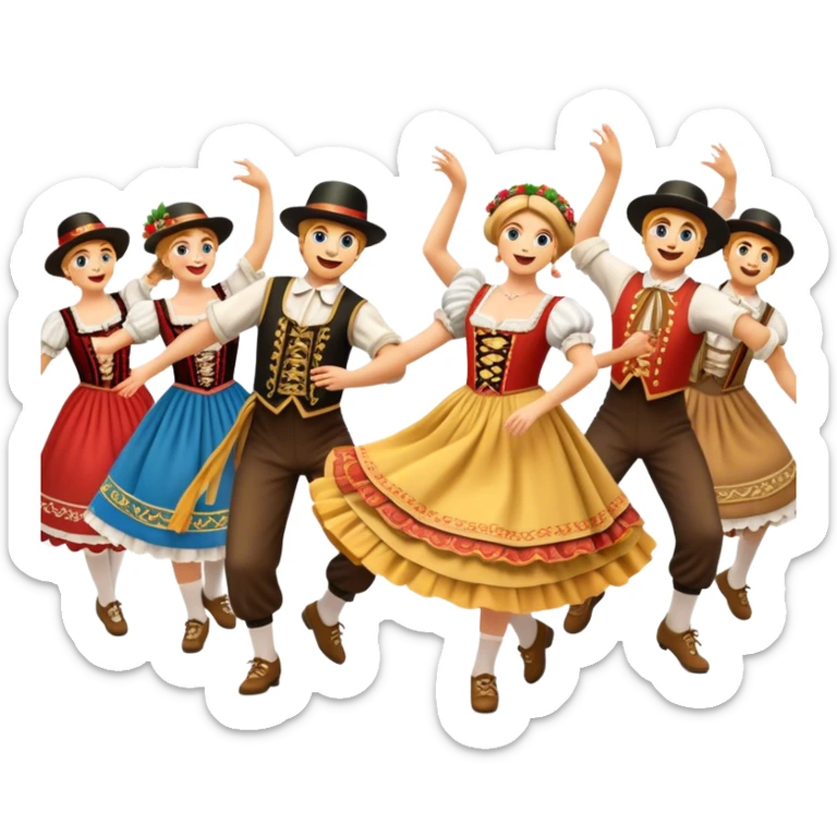 Cinematic Realistic Schuhplattler Dance Emoji, depicted as a lively traditional folk dance scene with performers in authentic Bavarian costumes, rendered with dynamic textures and festive natural lighting that captures the spirit of rural celebration. sticker