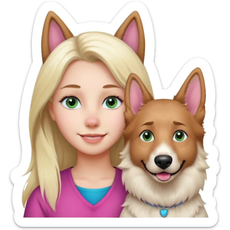White European young woman with blue-green eyes and long blond hair with her white German Shepherd dog,the Dog hast a pink nose and short fur  and Brown eyes sticker