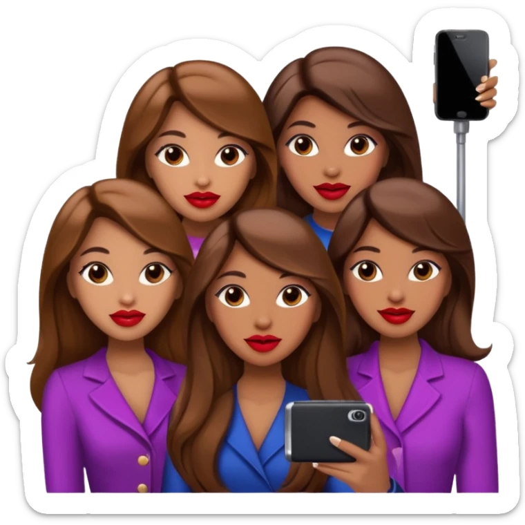 Glam girls in a group of 3 friends , taking a selfie with long brown hair, light brown  sticker