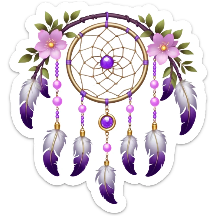 A silvery-white Dreamcatcher. with purple-round-orbs, gold-rings hanging down. purple flowers, pink sakura flowers, sticker