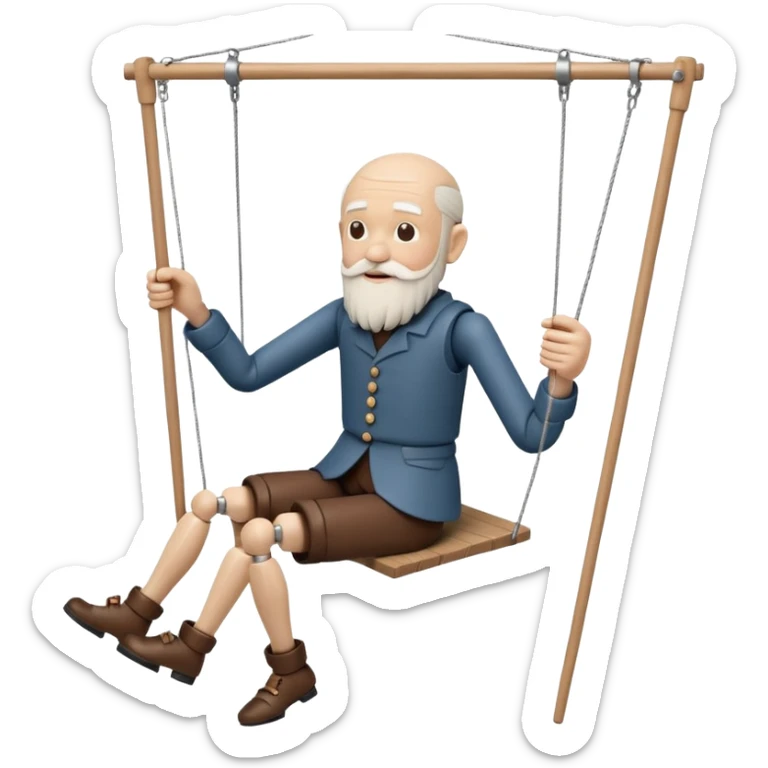 3D render of Old Man Puppet as a wooden marionette puppet, Carved wood beard, silver metal screw joints at elbows and knees, polished brown wood texture, rigid toy pose, emoji style, isolated on white background --v 6.0. sticker