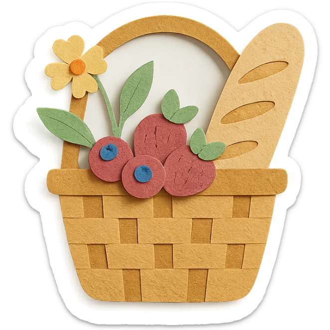 picnic basket with berries, bread, and flowers in warm pastel shades, paper-craft style sticker