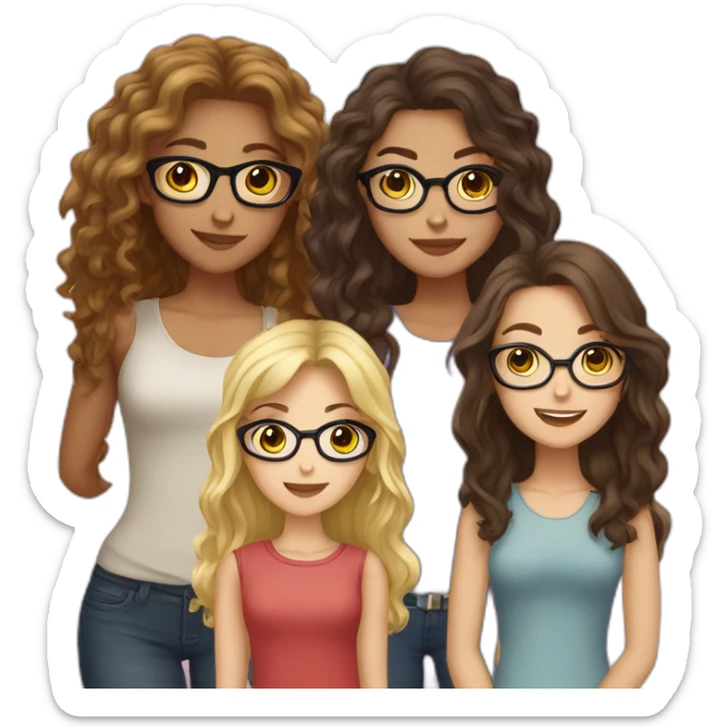 Five girls, one of them blonde with glasses, one brunette with glasses, one brunette with curly hair, another brunette with long hair, one blonde with straight hair sticker