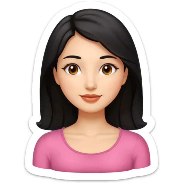 Feminine woman Softly rounded, healthy face — slightly curvy and feminine, not overweight.
Warm tan skin, brown eyes with long lashes, full glossy lips, gentle smile.
Shoulder-length black hair framing the face.
Clean, polished emoji look, soft shading, neutral background. sticker