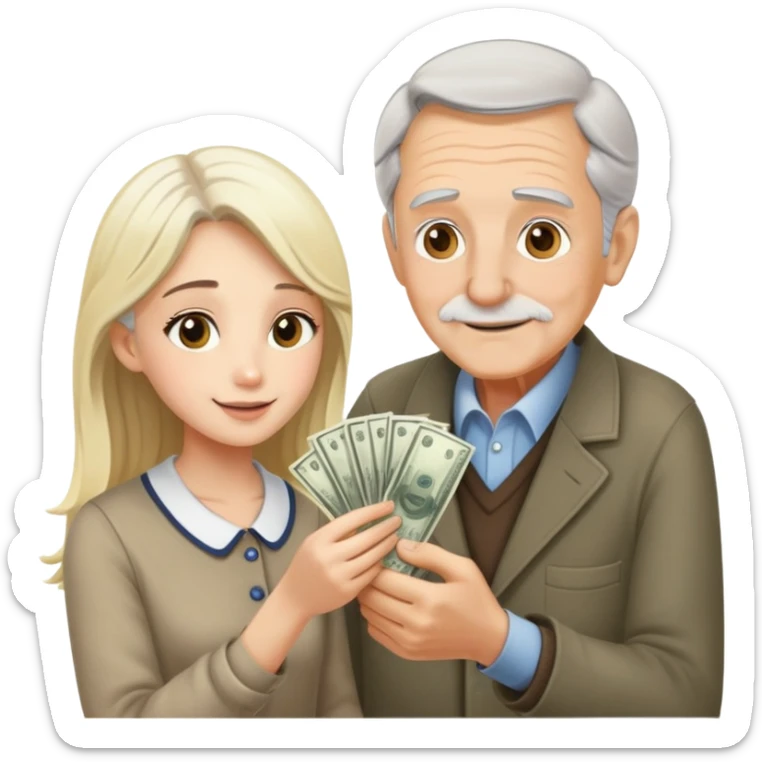 Kind elderly grandfather with gray hair giving money to a pretty blonde young woman who needs financial help, supportive family moment sticker