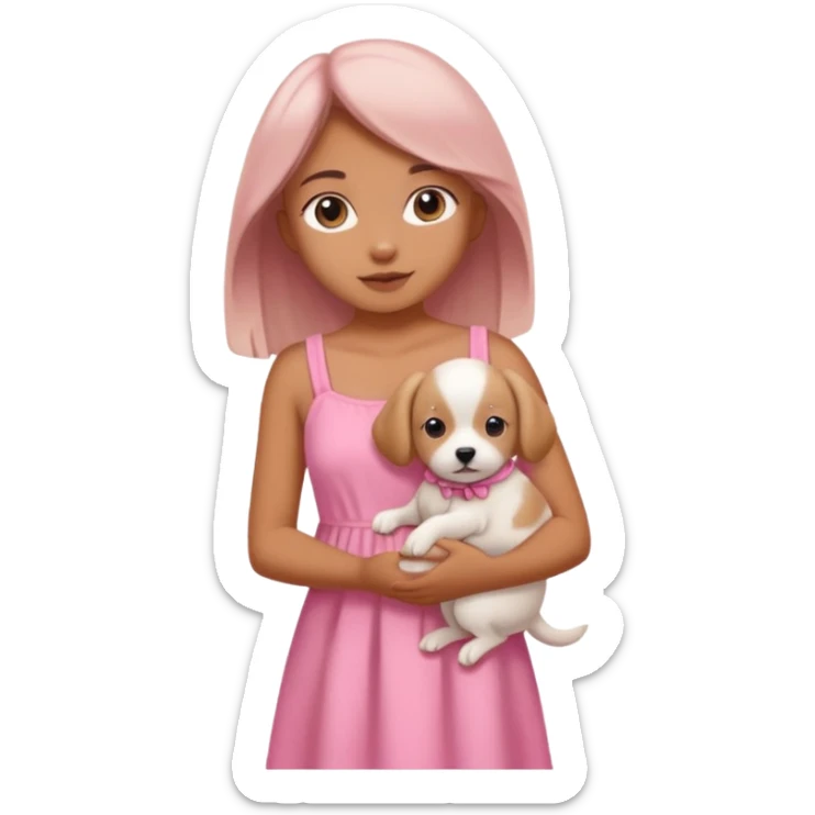 Tanned Girl in pink summer dress with white puppy  sticker