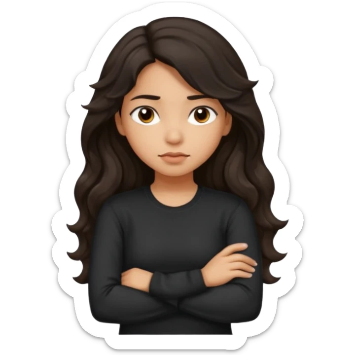 Hispanic girl with dark long wavy hair crossing her arms with slight pout wearing a black long sleeve shirt sticker