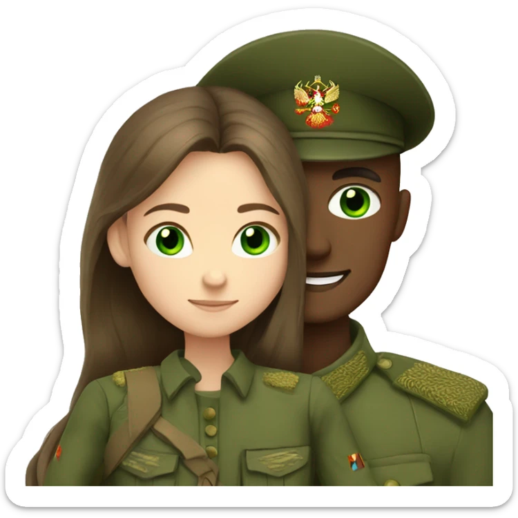 russian soldier with green eyes hug girl with green eyes and long brown hair sticker
